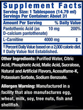 Supplement facts of Ronnie Coleman L-Carnitine XS 4,000 mg showing L-carnitine content per serving for fat metabolism and energy support